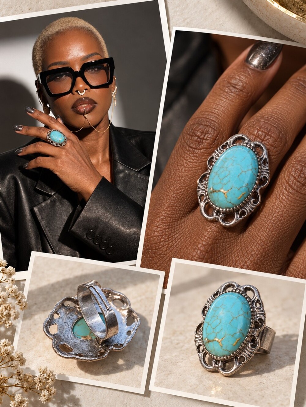 Turquoise Oval Statement Ring - Blue Gemstone Fashion Ring